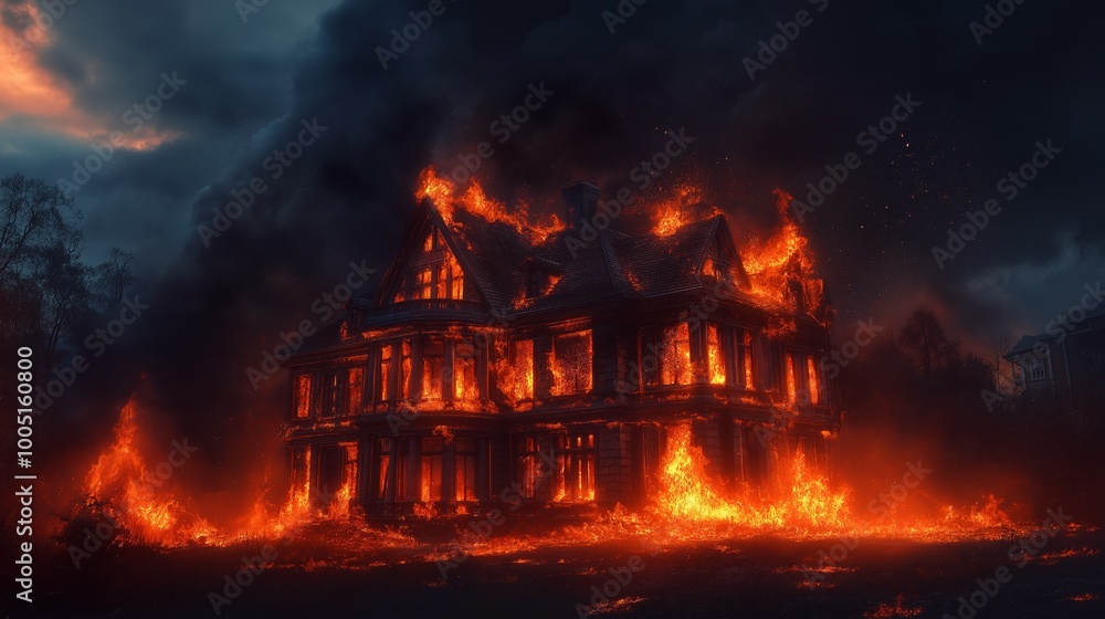 A dramatic scene with glowing embers and dark smoke filling the sky, depicting a large house being consumed by vibrant flames in a dramatic image A dramatic scene with glowing embers and dark smoke filling the sky, depicting a large house being consumed by vibrant flames in a dramatic image