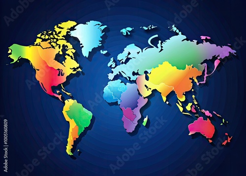 Vibrant, high-contrast world map illustration featuring continents, countries, and borders in bold, modern vectors, perfect for global business, education, and travel-related projects. photo