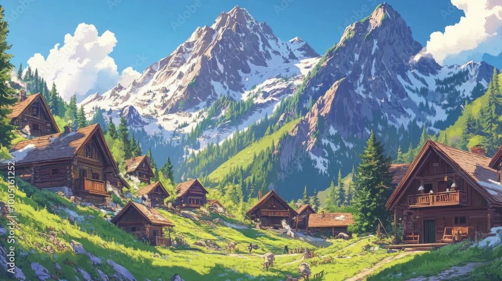 A picturesque mountain village nestled at the foot of snow-capped peaks. A picturesque mountain village nestled at the foot of snow-capped peaks.