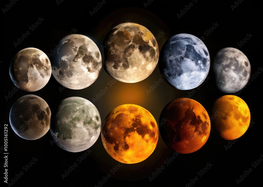 Obraz premium Vibrant, high-resolution image showcasing the eight distinct phases of the moon, from new moon to full moon and back, against a deep black background.