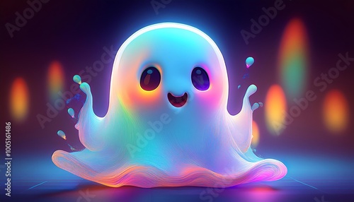 A cute, glowing ghost with colorful accents, playfully splashing on a vibrant background, creating a whimsical and enchanting atmosphere.