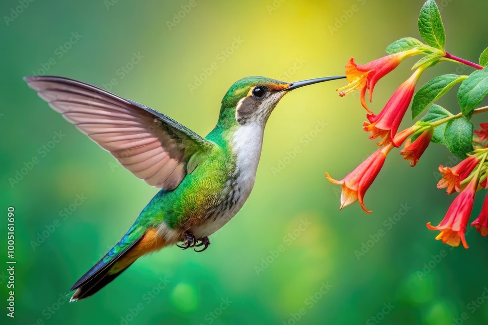 Fototapeta premium Vibrant hummingbird with iridescent feathers sips nectar from a delicate, trumpet-shaped flower, set against a soft, misty green background in a serene natural setting.