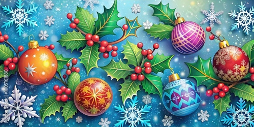 Vibrant illustrated winter wonderland scene featuring colorful snowflakes, festive holly, and cheerful ornaments against a bright blue background, evoking a joyful holiday atmosphere. photo