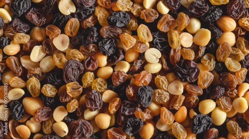 Raisin grain and a variety of nuts closeup view