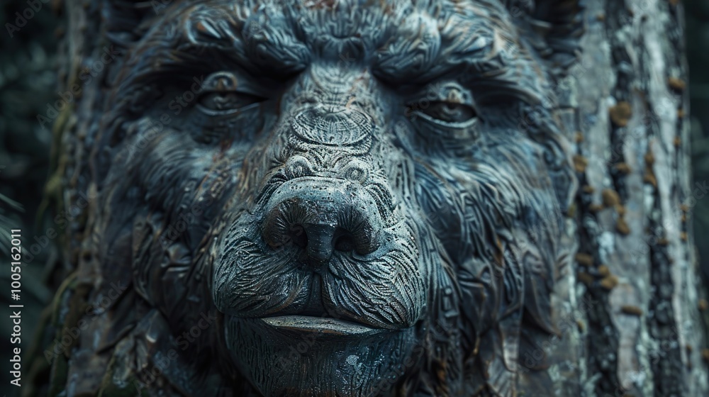 Close-Up of a Carved Bear Sculpture in the Forest Close-Up of a Carved Bear Sculpture in the Forest