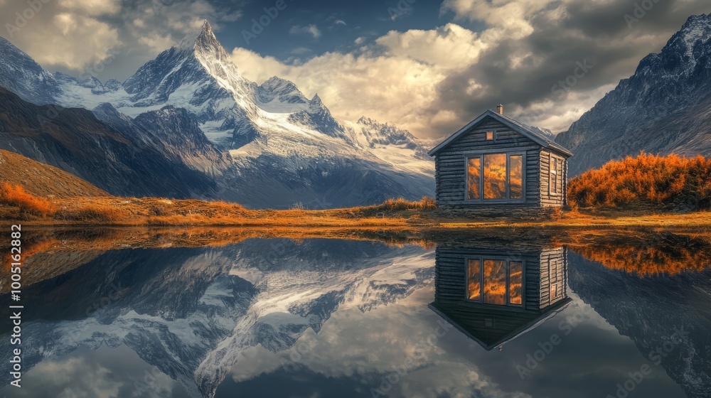Fototapeta premium Idyllic Mountain Lake Retreat: A Wooden House Embraces the Autumn Splendor and Majestic Snow-Capped Mountains.