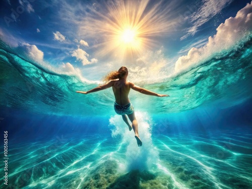 Wallpaper Mural Vibrant illustration of a stylized swimmer gliding through turquoise water, surrounded by waves, ripples, and sunbeams, evoking a sense of freedom and summertime joy. Torontodigital.ca