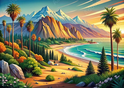 Vibrant illustration of California's iconic outline, featuring majestic mountains, serene coastlines, and sun-kissed deserts, showcasing the Golden State's diverse natural beauty and charm. photo