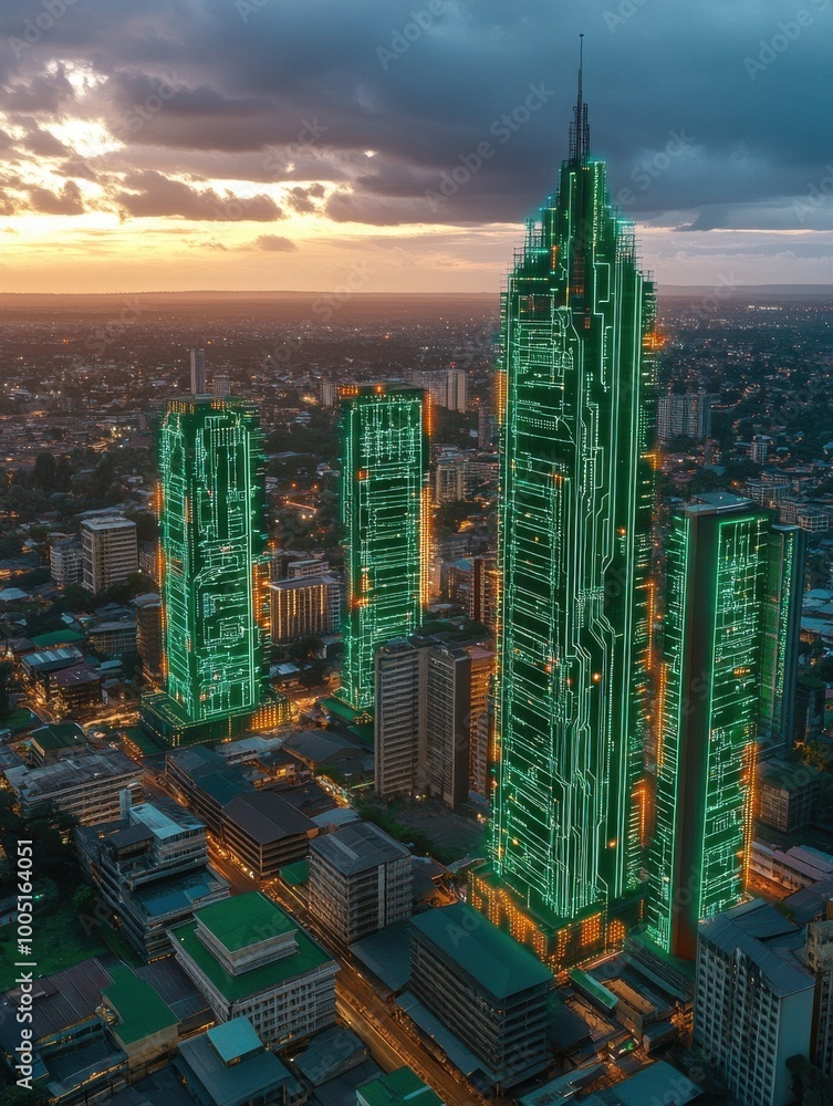 Obraz premium Futuristic Green Illuminated Skyscrapers at Sunset in Modern Cityscape, Aerial View of Urban Skyline with Glowing Buildings