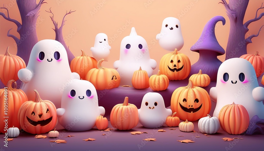 A whimsical Halloween scene featuring cute ghosts and smiling pumpkins against a colorful backdrop. A whimsical Halloween scene featuring cute ghosts and smiling pumpkins against a colorful backdrop.