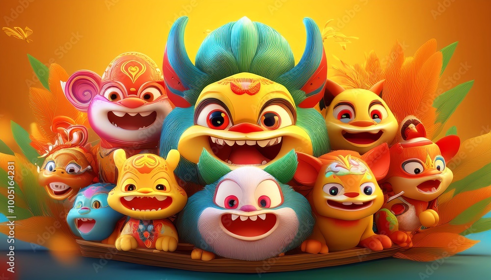 Colorful, cartoonish creatures celebrate a festive occasion, showcasing joyful expressions with vibrant colors and playful designs. Colorful, cartoonish creatures celebrate a festive occasion, showcasing joyful expressions with vibrant colors and playful designs.
