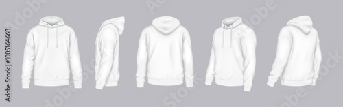 Mockup white hoodies of different perspectives realistic vector illustration set. Casual outfit with logo mockup 3d models on grey background