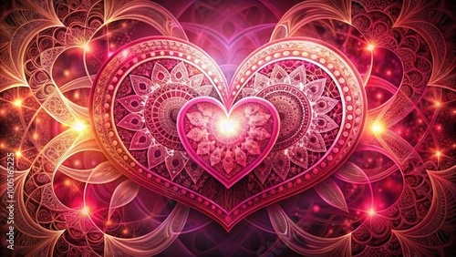 Vibrant, intertwined hearts in shades of pink and red, delicately adorned with intricate patterns and subtle glows, symbolizing love, unity, and tender connection. photo