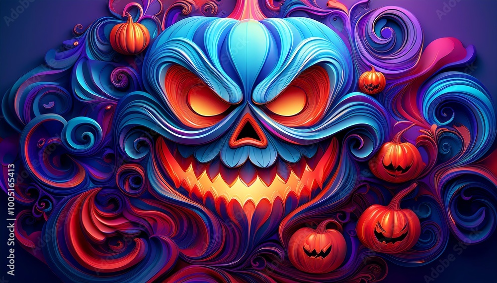 A vibrant, stylized Halloween pumpkin with a menacing grin, surrounded by swirling patterns and smaller pumpkins, showcasing a festive spooky theme. A vibrant, stylized Halloween pumpkin with a menacing grin, surrounded by swirling patterns and smaller pumpkins, showcasing a festive spooky theme.