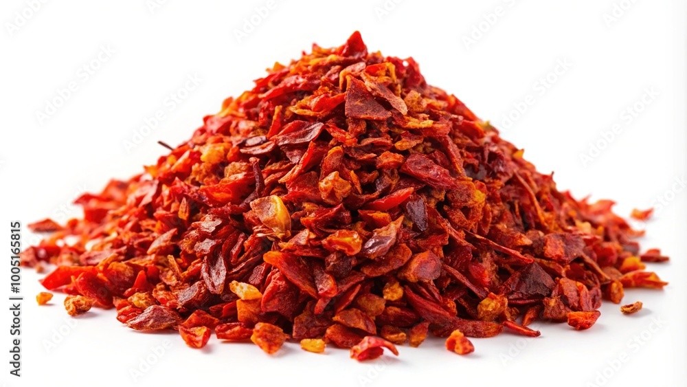 Fototapeta premium A close-up view of vibrant red chili pepper flakes and chopped dry paprika, beautifully arranged in a pile against a clean white background, emphasizing their spice.