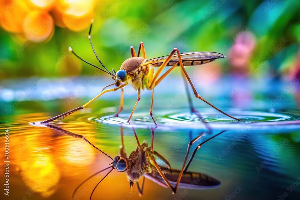 A detailed glimpse of a mosquito gliding over water, highlighting its intricate body and delicate wings in stunning clarity while it interacts with the liquid surface. A detailed glimpse of a mosquito gliding over water, highlighting its intricate body and delicate wings in stunning clarity while it interacts with the liquid surface.