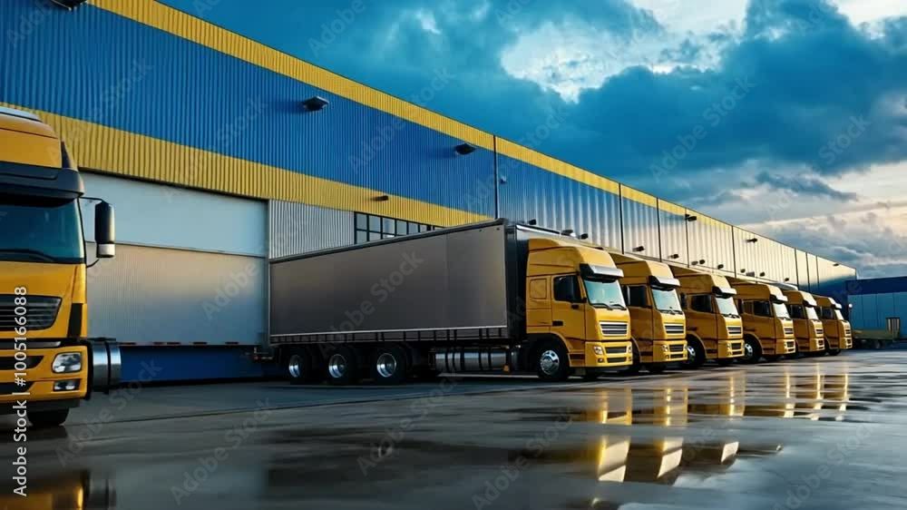 A row of yellow trucks parked in front of a modern warehouse under a cloudy sky, showcasing industrial transport and logistics. A row of yellow trucks parked in front of a modern warehouse under a cloudy sky, showcasing industrial transport and logistics.