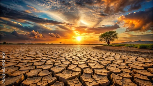 A dramatic landscape showing a severely parched and cracked earth surface, with deep fissures and arid terrain, symbolizing drought, devastation, and environmental disaster. photo