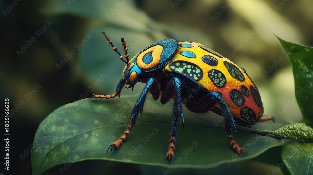 Naklejka premium Vibrant Beetle on Leaf in Forest Habitat