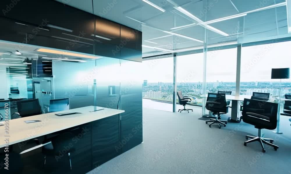 Walkthrough of a spacious corporate office, featuring large workstations Walkthrough of a spacious corporate office, featuring large workstations