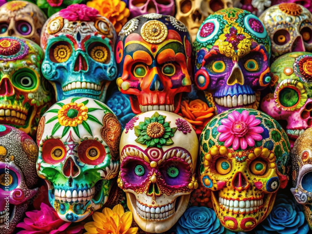Vibrant, intricately designed sugar skulls adorned with flowers, gems, and swirls, emanating a colorful celebration of life, death, and cultural heritage. Vibrant, intricately designed sugar skulls adorned with flowers, gems, and swirls, emanating a colorful celebration of life, death, and cultural heritage.