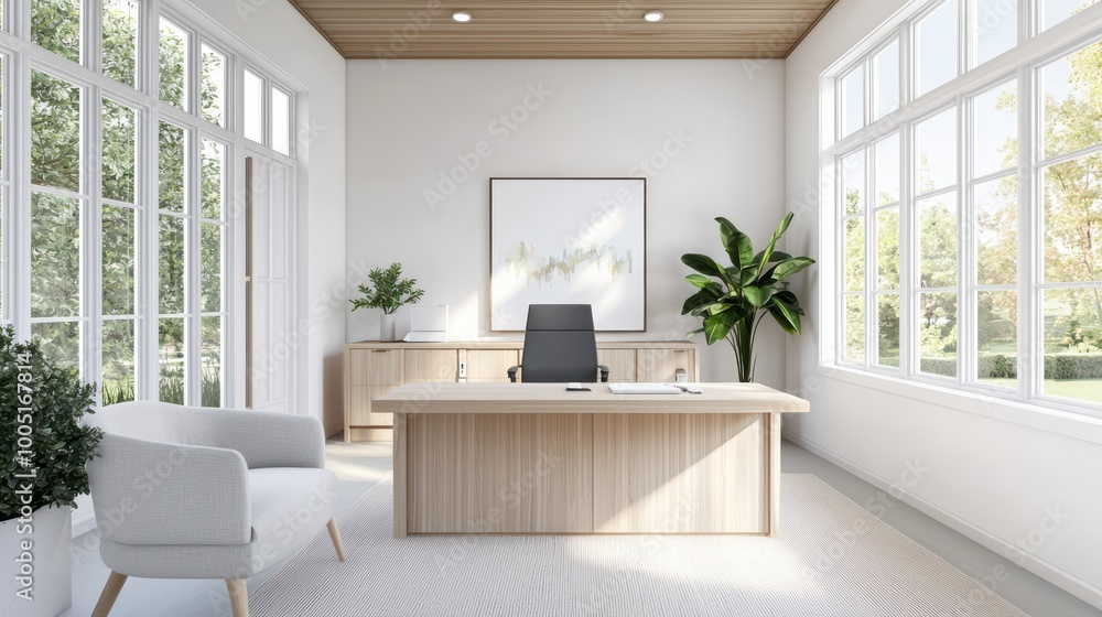 Modern minimalist office with natural light and greenery Modern minimalist office with natural light and greenery