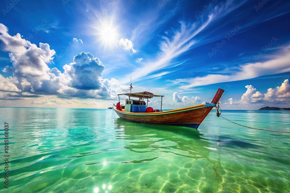 Fototapeta premium A tranquil boat drifts peacefully on serene sea waters, embraced by gentle waves beneath a radiant blue sky, creating a perfect moment of calm and beauty.