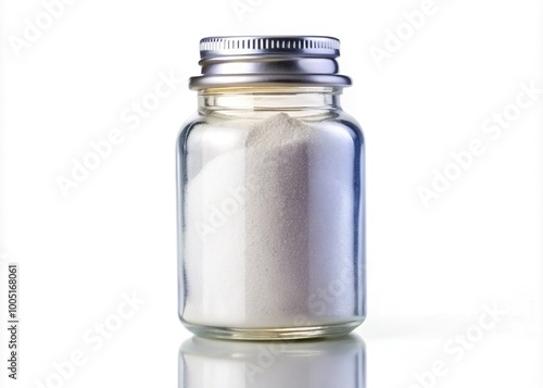 A transparent glass bottle with a silver cap stands upright on a white background, filled with a generous amount of soft, white powder.