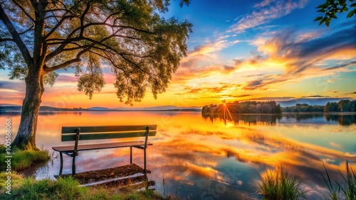 A tranquil lakeside scene with a welcoming bench inspires moments of reflection and peaceful contemplation, allowing nature's beauty to soothe the soul and mind.