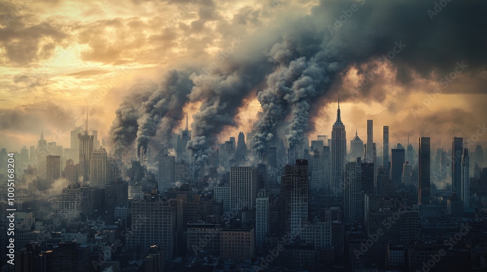 Fototapeta premium City Skyline with Dramatic Smoke and Clouds at Dusk