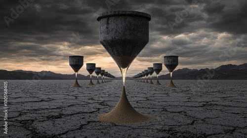 Surreal scene of hourglasses on a cracked landscape under a dramatic sky, symbolizing the passage of time and entropy.