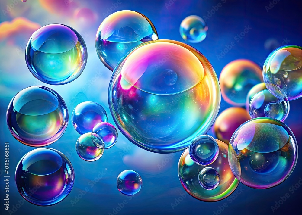Vibrant, iridescent soap bubbles float gently in mid-air, refracting light and casting colorful, concentric circles on a soft, gradient blue background, evoking a sense of whimsy. Vibrant, iridescent soap bubbles float gently in mid-air, refracting light and casting colorful, concentric circles on a soft, gradient blue background, evoking a sense of whimsy.