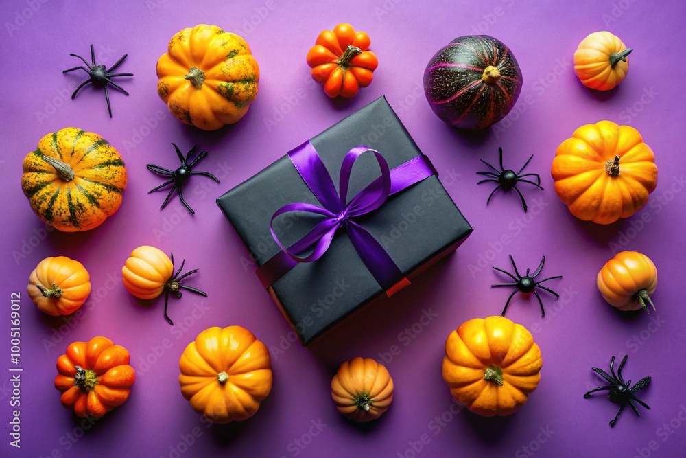 Aerial view of a Halloween-themed arrangement featuring a black gift box, pumpkins, spiders, and a vibrant violet background, creating a festive and spooky atmosphere. Aerial view of a Halloween-themed arrangement featuring a black gift box, pumpkins, spiders, and a vibrant violet background, creating a festive and spooky atmosphere.