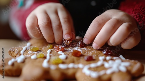 Hand of child working on raisin and genger bread cookie photo