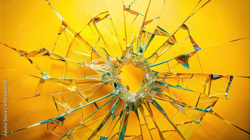 Obraz premium Captivating shattered glass effect set against a vivid yellow backdrop, perfect for enhancing creative design projects with dynamic visuals and striking contrasts.