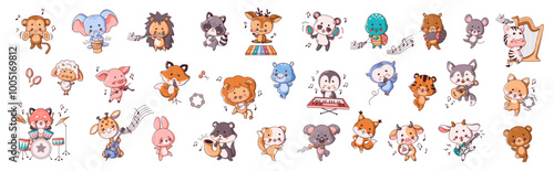 Adorable animals with instruments flat color vector style set. Kawaii musicians collection during lively performance on white background