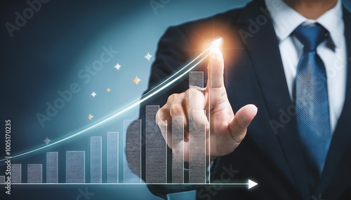 A business professional points at a rising graph, symbolizing growth, success, and innovation in a corporate environment.