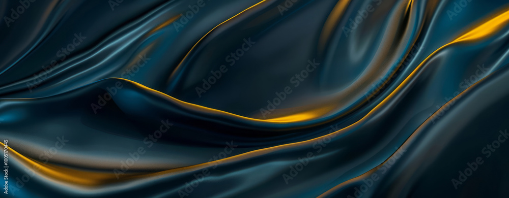 A background with a golden curved line, glowing and sparkling with smooth curves in a deep sea blue and dark sky-blue color scheme on a dark silk fabric. A background with a golden curved line, glowing and sparkling with smooth curves in a deep sea blue and dark sky-blue color scheme on a dark silk fabric.