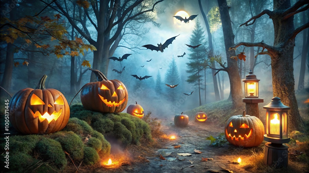 Naklejka premium Eerie Halloween pumpkin lanterns flicker in a mystical forest, shrouded in fog, while 3D bats soar through the night, adding to the haunting atmosphere.