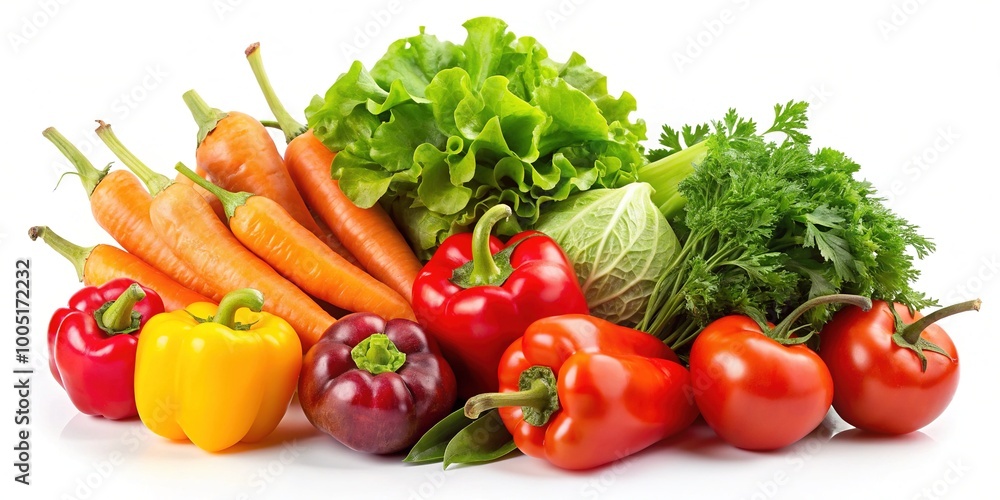 Fresh organic vegetable arrangement on a white background, showcasing vibrant colors and varied textures of crisp lettuce, carrots, cherry tomatoes, and bell peppers. Fresh organic vegetable arrangement on a white background, showcasing vibrant colors and varied textures of crisp lettuce, carrots, cherry tomatoes, and bell peppers.