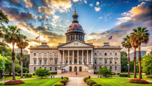 Historic South Carolina State House building with copper dome and granite columns stands proudly in Columbia's capital city, surrounded by lush greenery and American flags. photo