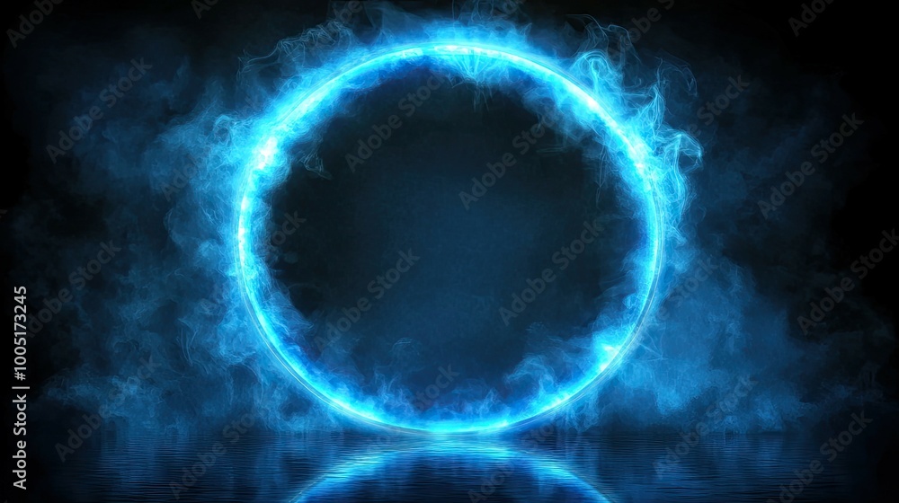Obraz premium A glowing blue ring with smoke and reflection on a black background.