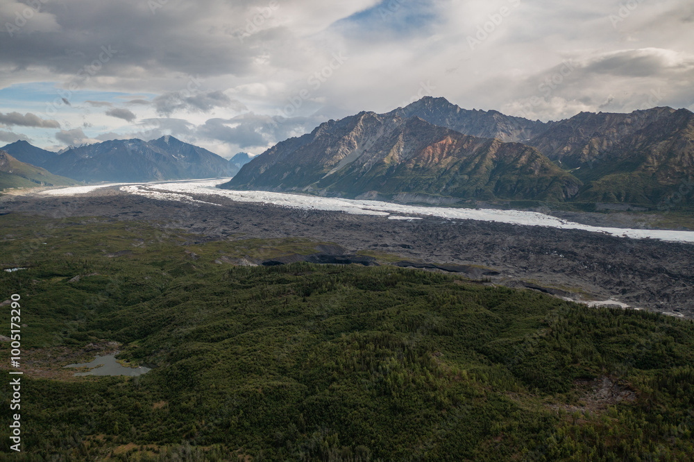 Aerial view of Matanuska Glacier mountain landscape along Glenn Highway near Glacier View, Alaska Aerial view of Matanuska Glacier mountain landscape along Glenn Highway near Glacier View, Alaska