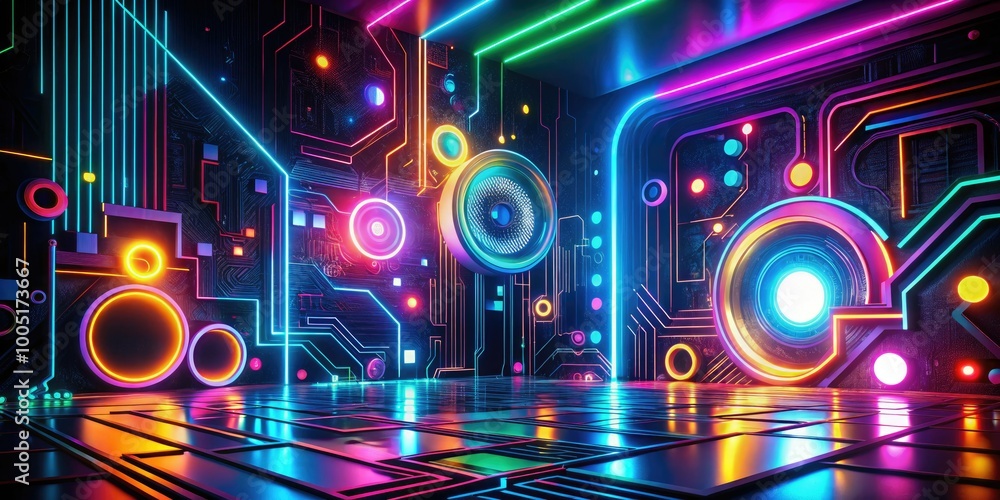 Vibrant neon lights and abstract shapes dance across a dark background, creating a mesmerizing and futuristic digital art piece perfect for modern tech-savvy decorations. Vibrant neon lights and abstract shapes dance across a dark background, creating a mesmerizing and futuristic digital art piece perfect for modern tech-savvy decorations.