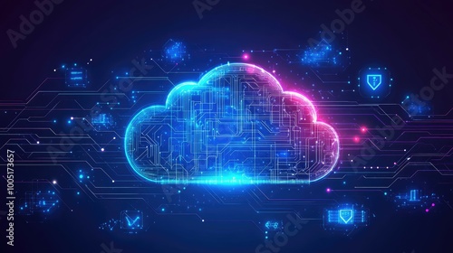 Wallpaper Mural A glowing cloud computing symbol on a blue background with circuit board and data icons. Torontodigital.ca