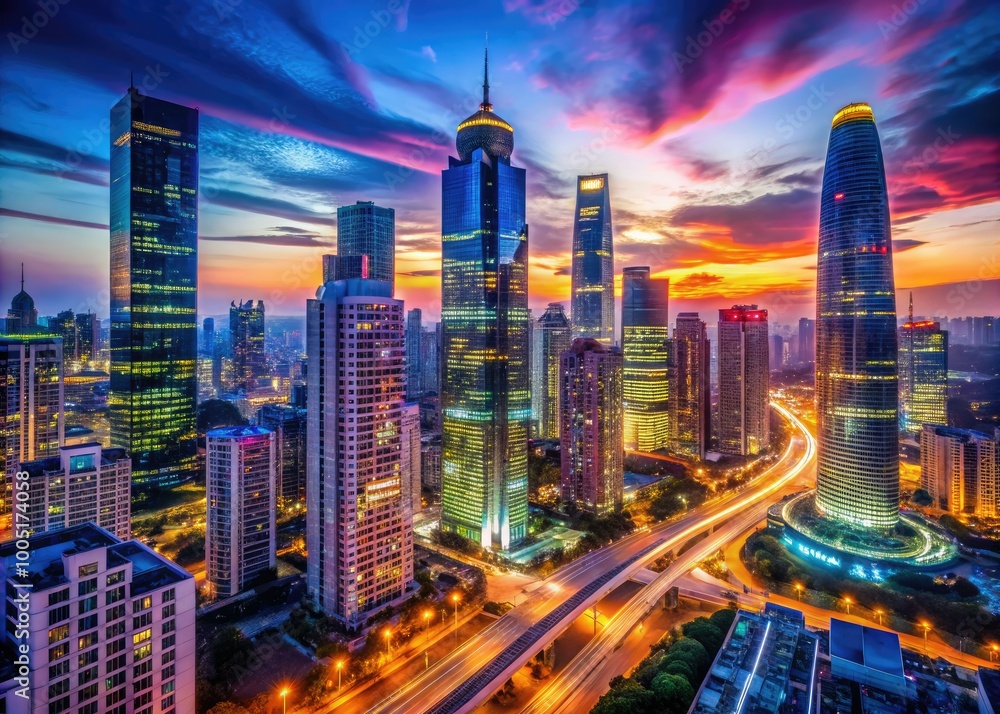 Obraz premium Vibrant neon lights illuminate towering skyscrapers, bustling streets, and sleek modern architecture in a futurist urban landscape at dusk, radiating energy and metropolitan dynamism.