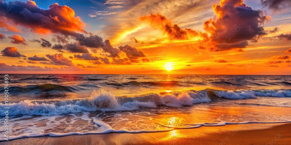 Obraz premium Vibrant orange and pink hues bleed across the horizon as the sun dips below the waves, casting a warm golden glow on the tranquil ocean scene.