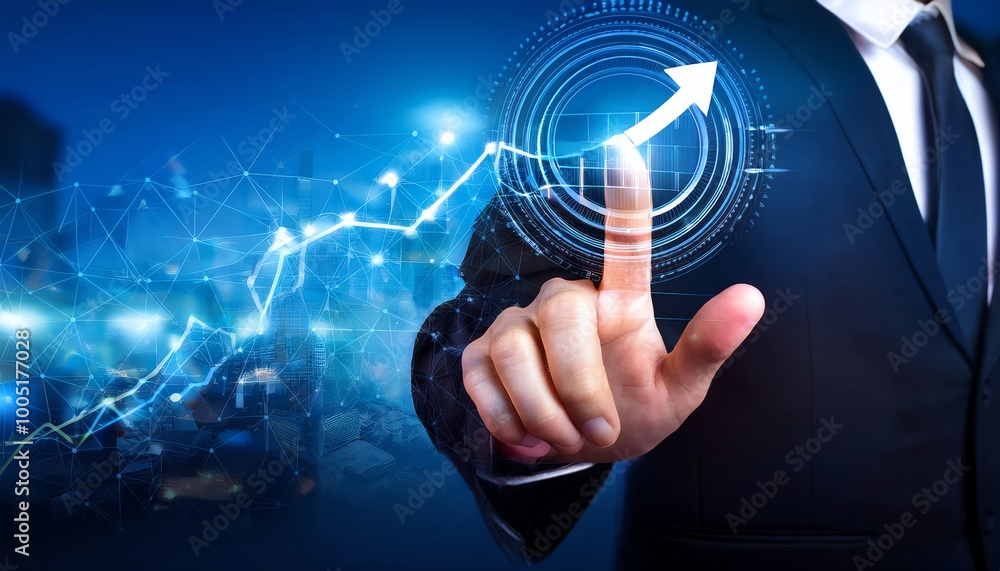 A businessman interacts with a digital graph, symbolizing growth and progress in a high-tech environment. A businessman interacts with a digital graph, symbolizing growth and progress in a high-tech environment.
