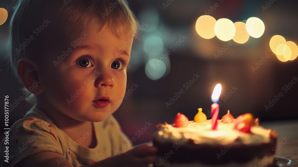 Little Boy Gazing at Birthday Cake with Candle Little Boy Gazing at Birthday Cake with Candle