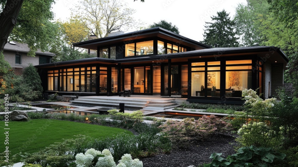 Modern Home with Large Windows and Green Surroundings Modern Home with Large Windows and Green Surroundings
